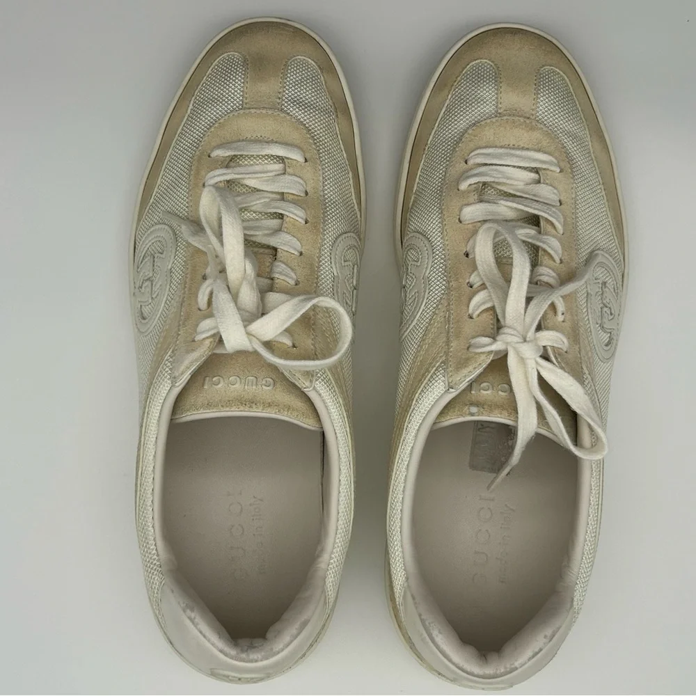 Gucci G75 light Beige Suede Low Top Lace up Sneakers Trainers Size 9